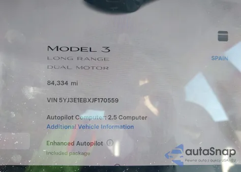 2018 Tesla Model 3 Long Range/Performance z USA, uszkodzony, nr VIN 5YJ3E1EBXJF170559